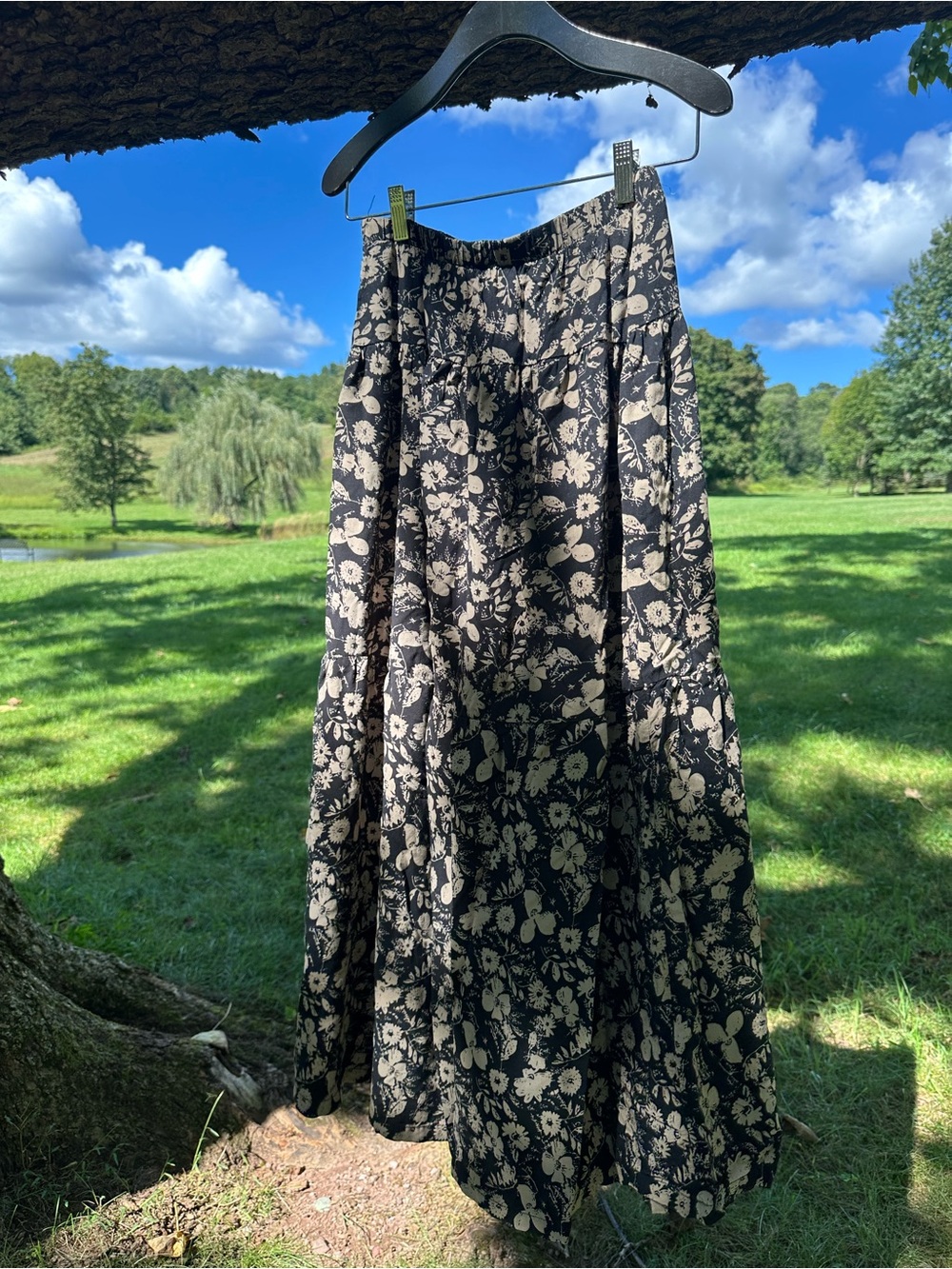 Black & Cream Floral Midi Skirt
